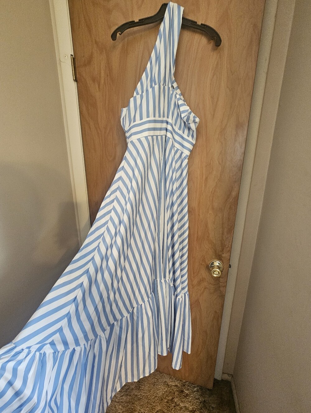 One-Shoulder Blue and White Striped Women's Maxi Dress